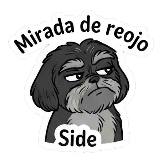 Shih Tzu giving a side-eye glance with text Mirada de reojo Little Shih Tzu Moods sticker for expressive chats and social replies.
