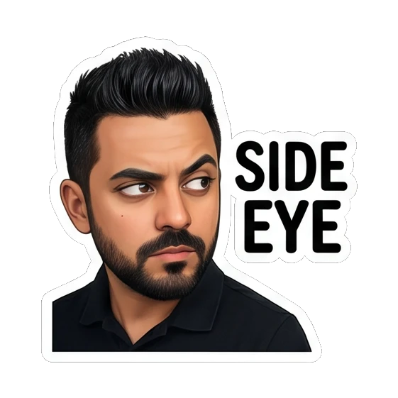 Man looking sideways with suspicion, text SIDE EYE Modern Man Daily Vibes sticker for expressive chats and social replies.