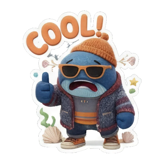 Blue whale wearing sunglasses, thumbs up, cool expression, text 'COOL!' Ocean Buddy Adventures sticker for expressive chats and social replies.