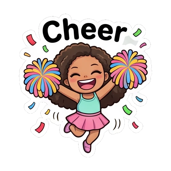 卷发女孩拿着啦啦队球欢呼 Curly Haired Girl Expressions sticker for expressive chats and social replies.