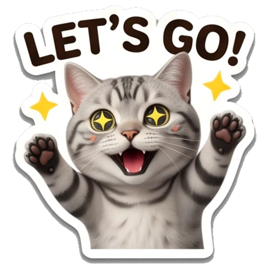 Excited tabby cat with star eyes waving with LET'S GO! text Tabby Cat Daily Expressions sticker for expressive chats and social replies.