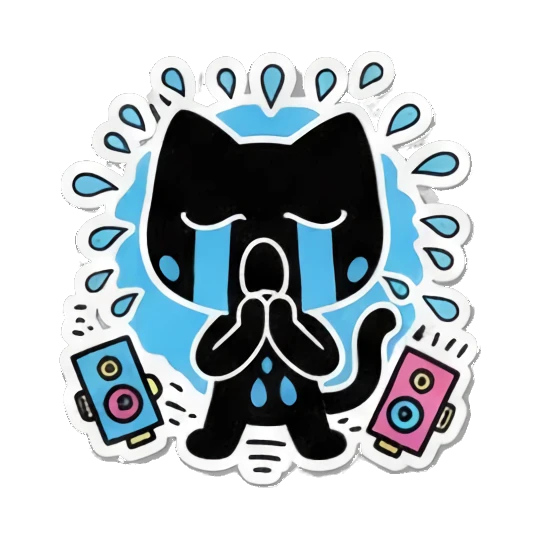 Black cat crying with blue tears, sad expression. Keith Haring Style Black Cat sticker for expressive chats and social replies.