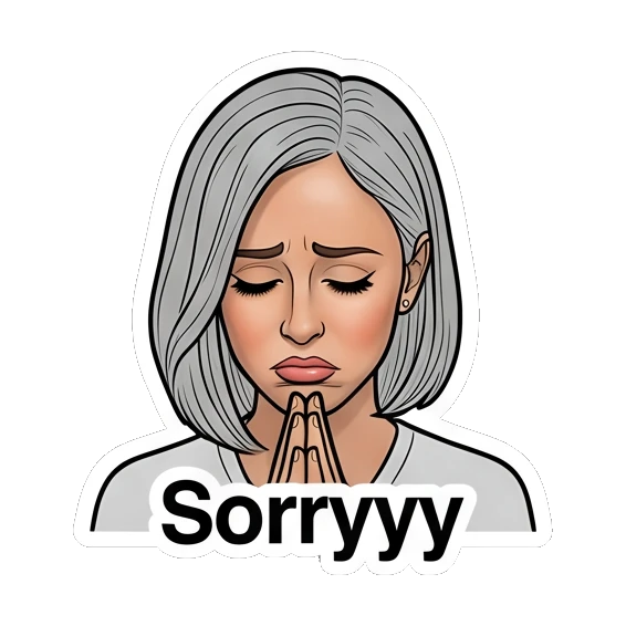 女性双手合十道歉，委屈表情，文字Sorryyy Modern Woman Daily Vibes sticker for expressive chats and social replies.
