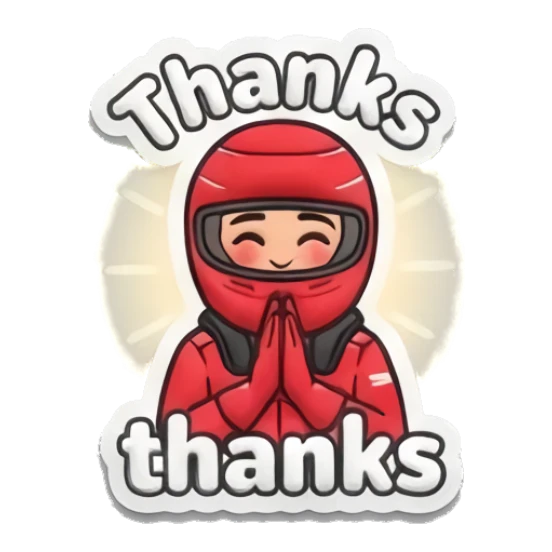 Racer expressing gratitude with hands together Red Racer Mascot sticker for expressive chats and social replies.
