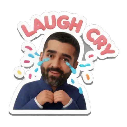 Bearded man laughing while crying with text LAUGH CRY Cheerful Bearded Professional sticker for expressive chats and social replies.