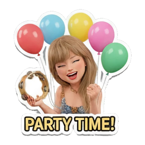 Blonde girl holding balloons and a tambourine with 'PARTY TIME!' text. Pop Star Party Vibes sticker for expressive chats and social replies.