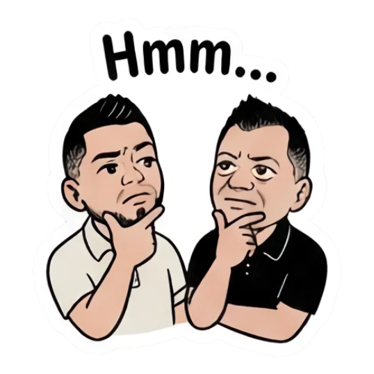 Twin brothers thinking with hands on chin and 'Hmm...' text. Twin Brothers Daily Vibe sticker for expressive chats and social replies.