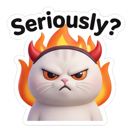 White cat with a fiery halo looking angry saying Seriously?. Whimsical White Cat Adventures sticker for expressive chats and social replies.