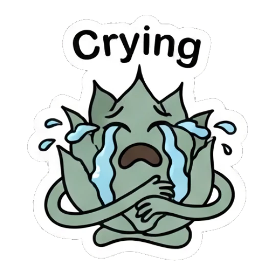 Sad aloe plant crying with tears streaming down. Cheerful Aloe Adventures sticker for expressive chats and social replies.