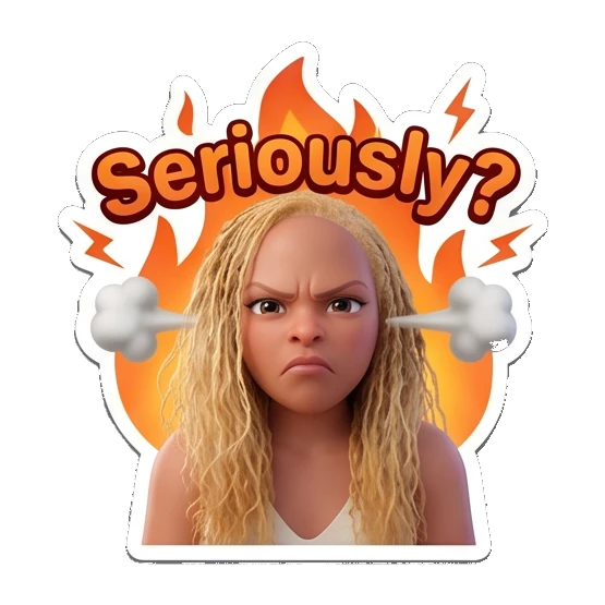 Blonde girl looking angry with fire and steam and Seriously? text Blonde Girl Daily Vibes sticker for expressive chats and social replies.
