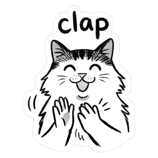 Cat clapping paws together happily, text clap Quirky Doodle Cat Moods sticker for expressive chats and social replies.