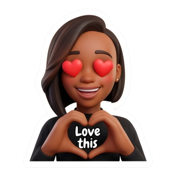 Woman making a heart shape with hands, text says Love this. Modern Chic Expressions sticker for expressive chats and social replies.