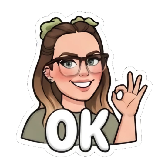 Girl with glasses making OK hand gesture, smiling, text OK My Daily Moods sticker for expressive chats and social replies.