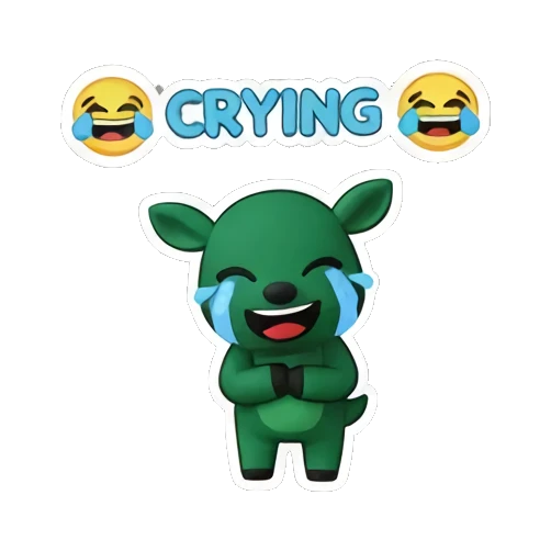Crying green deer with tears and laughing emojis with CRYING text Green Deer Joyful Adventures sticker for expressive chats and social replies.