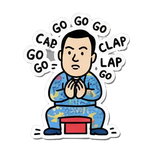 Man claps hands with 'GO GO' text, encouraging others. Mahjong Master Daily sticker for expressive chats and social replies.
