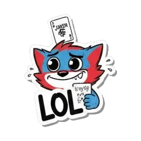 Gamer cat laughing while holding a joker card with text LOL Gamer Cat Adventures sticker for expressive chats and social replies.