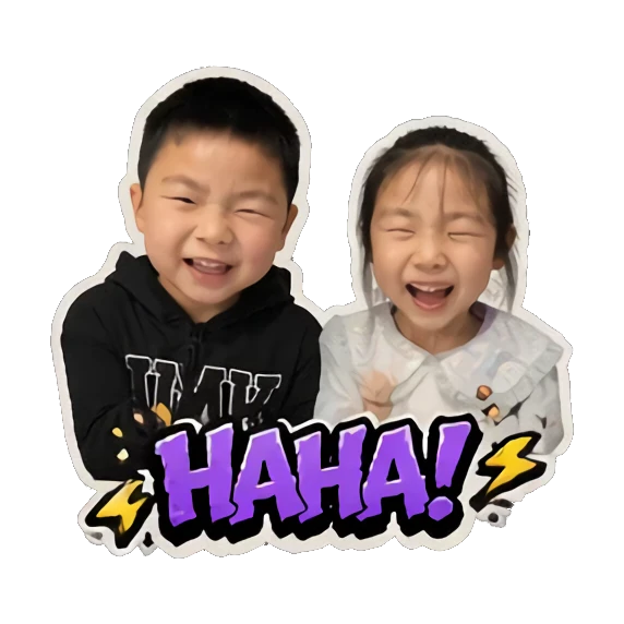 Boy and girl laughing with HAHA text Hip-hop Kids Duo sticker for expressive chats and social replies.