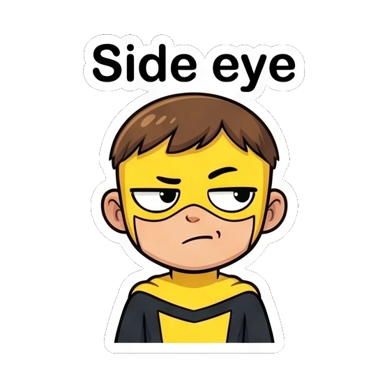 Superhero boy giving a suspicious side-eye glance. Yellow Hero Adventures sticker for expressive chats and social replies.