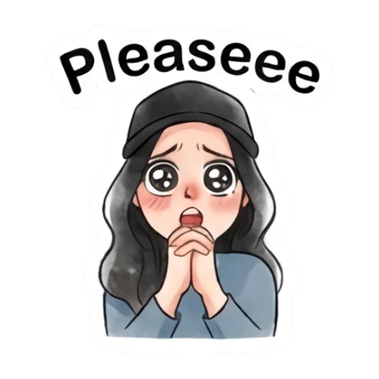 Girl in cap looking pleading with wide eyes with text Pleaseee Modern Girl Daily Vibes sticker for expressive chats and social replies.