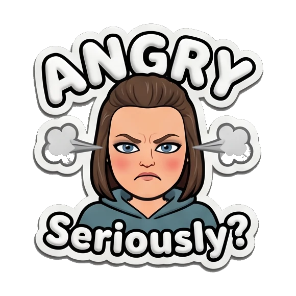 Young woman looking angry with steam from ears and ANGRY text. Playful Girl Daily Expressions sticker for expressive chats and social replies.