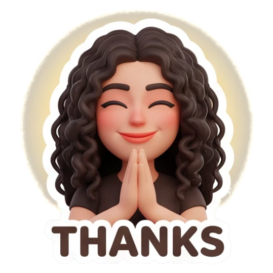 Woman with curly hair smiling with hands together, text THANKS Modern Couple Daily Vibes sticker for expressive chats and social replies.