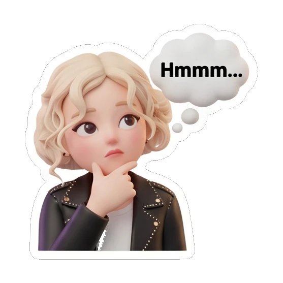 金发女孩托腮思考，表情困惑，文字Hmmm... Blonde Rocker Girl Daily sticker for expressive chats and social replies.