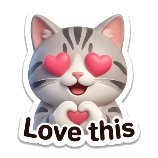 Loving grey cat with heart eyes and heart hands and text Love this Cute Grey Tabby Daily sticker for expressive chats and social replies.