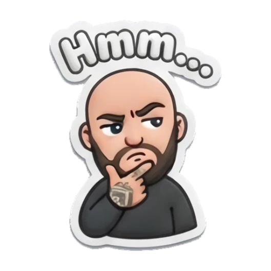 Bearded man stroking beard in deep thought, text Hmm... Bearded Buddy Daily Vibes sticker for expressive chats and social replies.