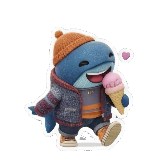 Blue whale eating ice cream, happy expression, text 'YUM!' Ocean Buddy Adventures sticker for expressive chats and social replies.