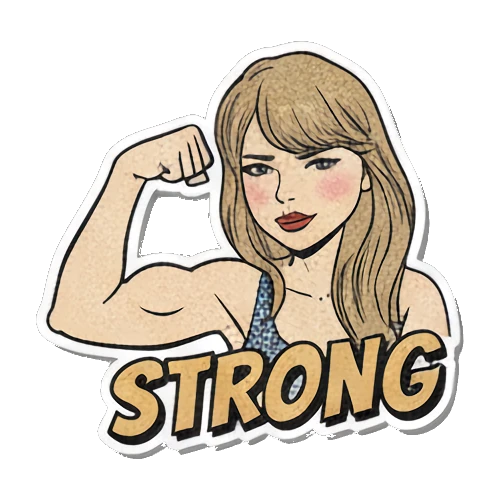 Blonde woman flexing her arm muscle with STRONG text Retro Pop Diva Vibes sticker for expressive chats and social replies.