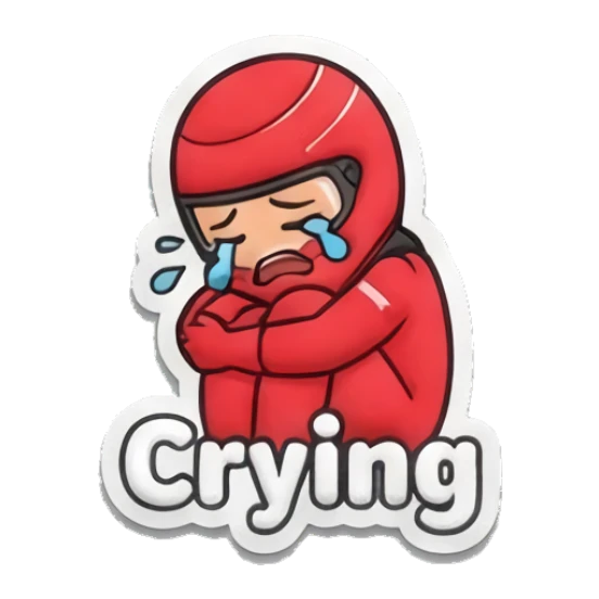 Racer crying while hugging knees Red Racer Mascot sticker for expressive chats and social replies.