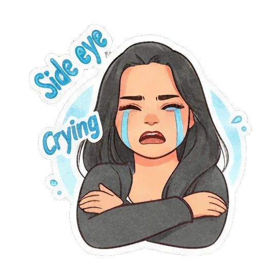 Young woman crying with 'Side eye' and 'Crying' text. Modern Girl Daily Expressions sticker for expressive chats and social replies.