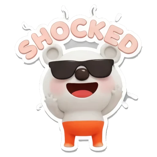 Polar bear cub wearing sunglasses with SHOCK text, arms raised in surprise. Cheerful Polar Bear Cub sticker for expressive chats and social replies.