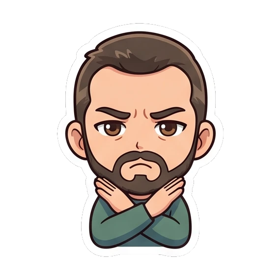 Bearded man crossing arms in disapproval Cheerful Bearded Guy sticker for expressive chats and social replies.