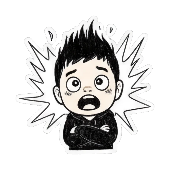 Shocked boy with wide eyes and spiky hair effect. Cool Boy Doodle Diary sticker for expressive chats and social replies.