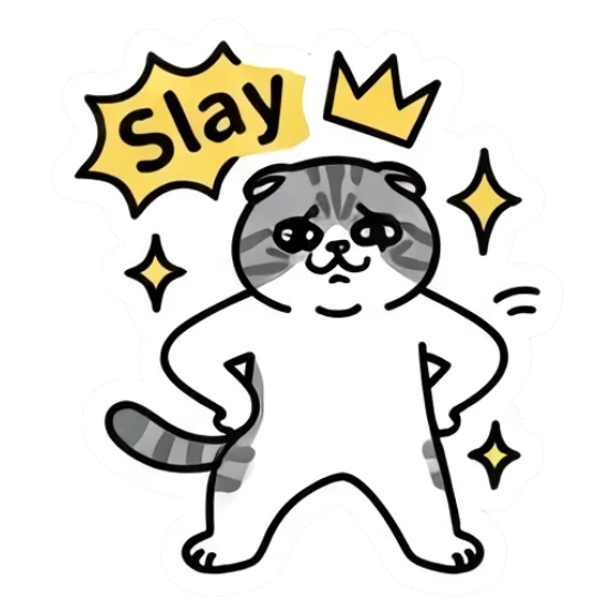 Confident gray cat standing with hands on hips with text Slay Gray Tabby Moods sticker for expressive chats and social replies.