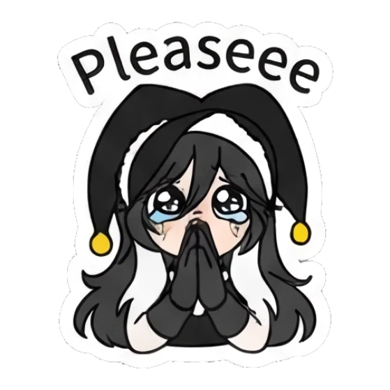 Jester girl pleading with 'Pleaseee' text Jester Girl Daily Moods sticker for expressive chats and social replies.