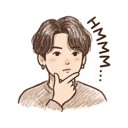 Boy thinking with hand on chin, text HMMM... Crayon Boy Daily Moods sticker for expressive chats and social replies.