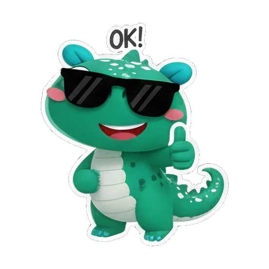 Green dino wearing sunglasses giving a thumbs up with OK text Cheerful Green Dino Adventures sticker for expressive chats and social replies.