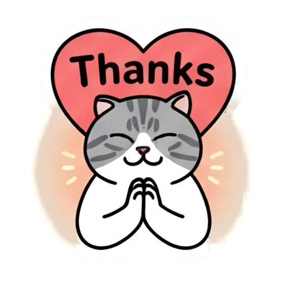 Grateful gray cat with hands together in heart frame with text Thanks Gray Tabby Moods sticker for expressive chats and social replies.