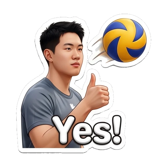 Player giving thumbs up with volleyball, text Yes! Volleyball Boy Daily Life sticker for expressive chats and social replies.