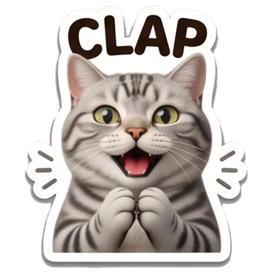Excited tabby cat clapping with CLAP text Tabby Cat Daily Expressions sticker for expressive chats and social replies.