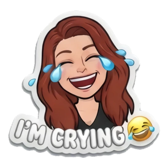 Red-haired girl laughing with tears, text IM CRYING Red-Haired Girl Daily Moods sticker for expressive chats and social replies.