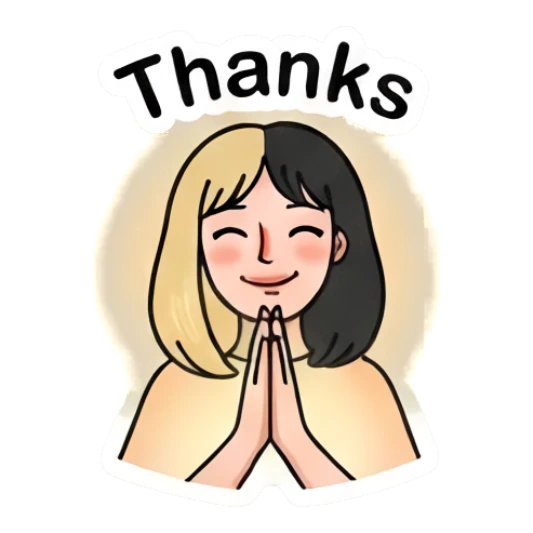 双色发女孩双手合十感谢，文字Thanks Two-Tone Girl Daily Vibes sticker for expressive chats and social replies.