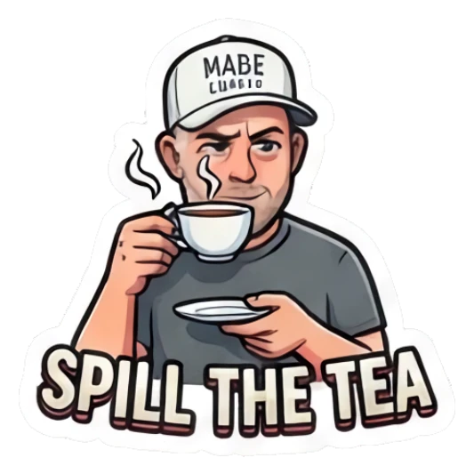 Man sipping coffee from a cup with text SPILL THE TEA Coffee Shop Guy Daily Vibes sticker for expressive chats and social replies.