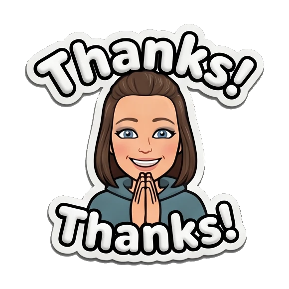 Young woman with hands together in thanks and THANKS text. Playful Girl Daily Expressions sticker for expressive chats and social replies.