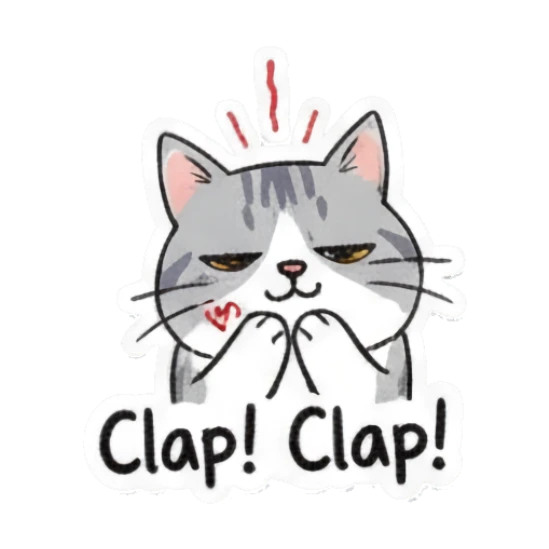 Applauding gray cat clapping hands with text Clap! Clap! Playful Gray Tabby Diary sticker for expressive chats and social replies.