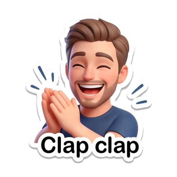 Young man clapping hands enthusiastically with 'Clap clap' text. Modern Guy Daily Expressions sticker for expressive chats and social replies.