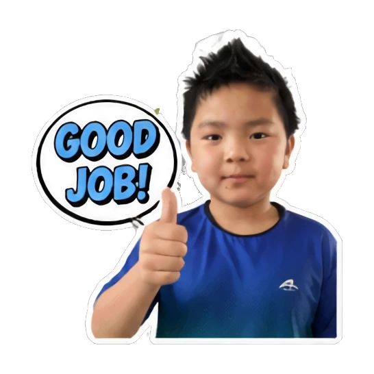 Young boy giving a thumbs up with 'GOOD JOB!' text bubble Energetic Boy Daily Expressions sticker for expressive chats and social replies.