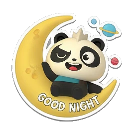 Panda sitting on a crescent moon with 'GOOD NIGHT' text. Cosmic Panda Adventures sticker for expressive chats and social replies.